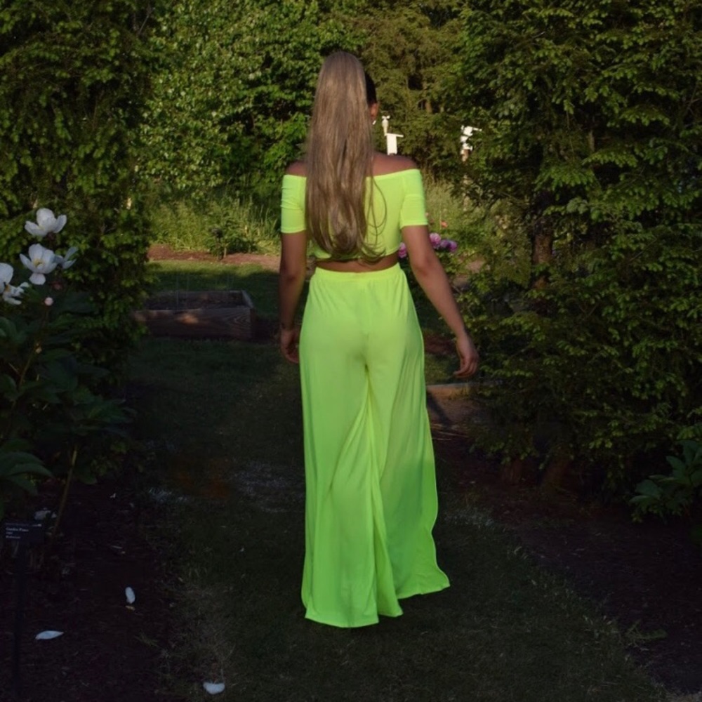 ‼️ Neon Yellow Split Leg Maxi Pants Crop Top Set - Picture 5 of 8